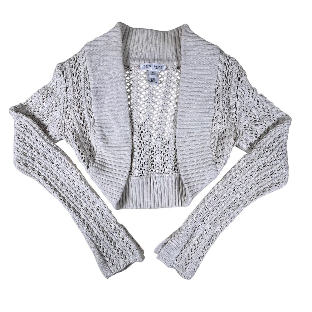 Y2K White House Black Market Ivory Open Knit Cropped Shrug M Bell Sleeve Sweater - Picture 3 of 13